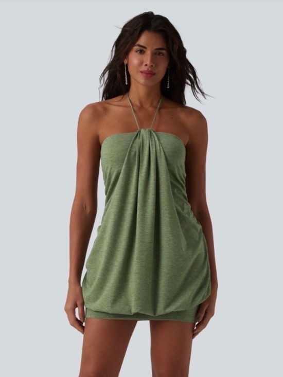 HALARA Dresses & Skirts - NWT Halara Halter Tie Back Built-in Bra Bodycon Micro Mini Dress